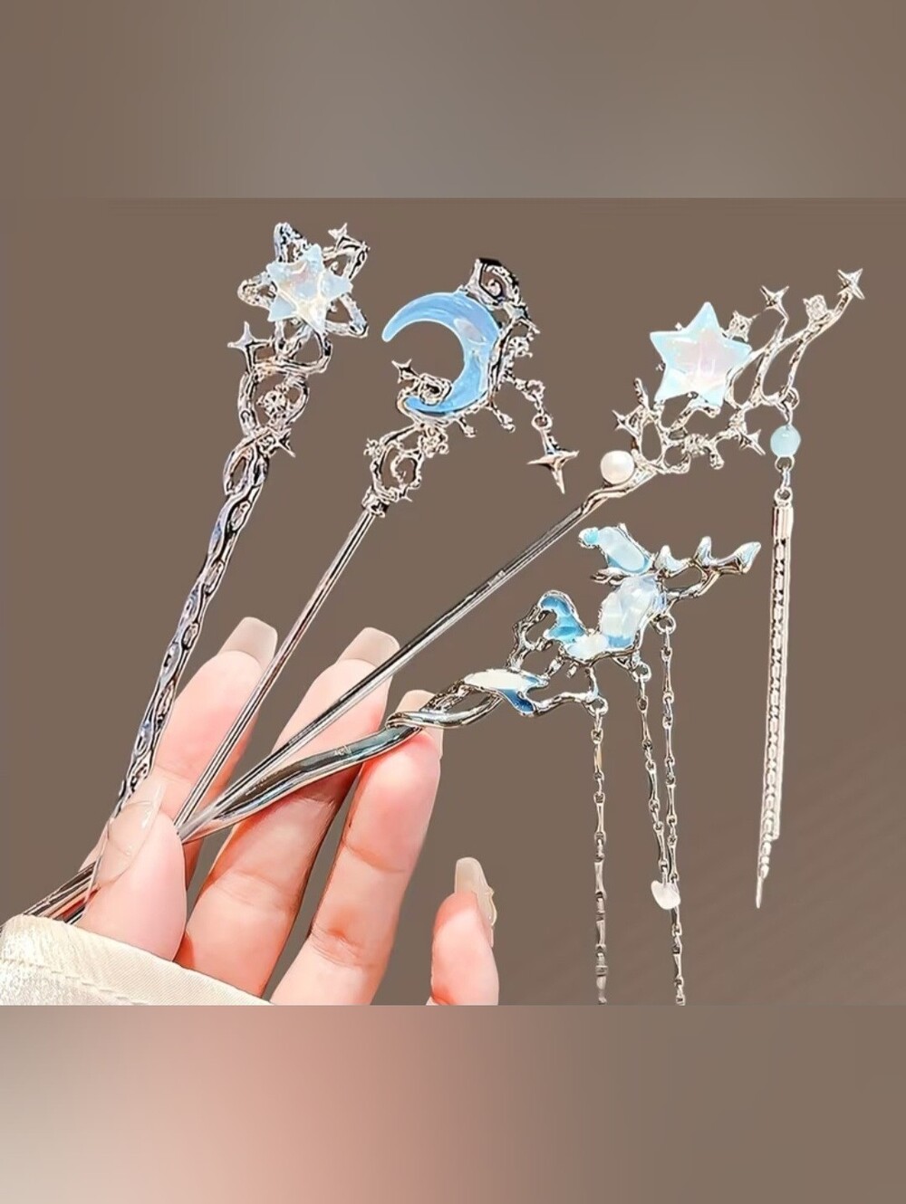 Silver Hair Pins with Blue Moon & Star Accents, Multiple Designs